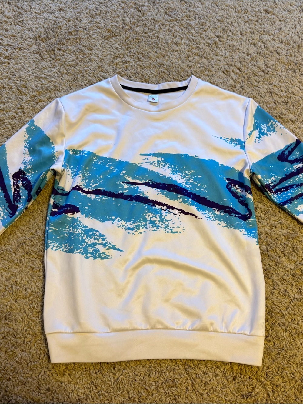 Men's White Rash Guard with Teal Graphic Wave Print